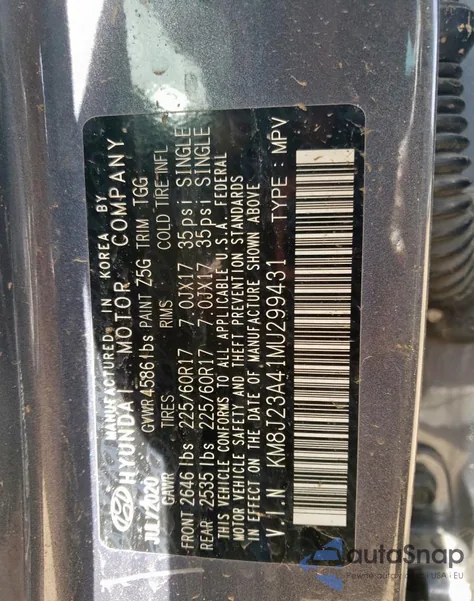 2021 Hyundai Tucson Se из США, поврежденный, VIN KM8J23A41MU299431